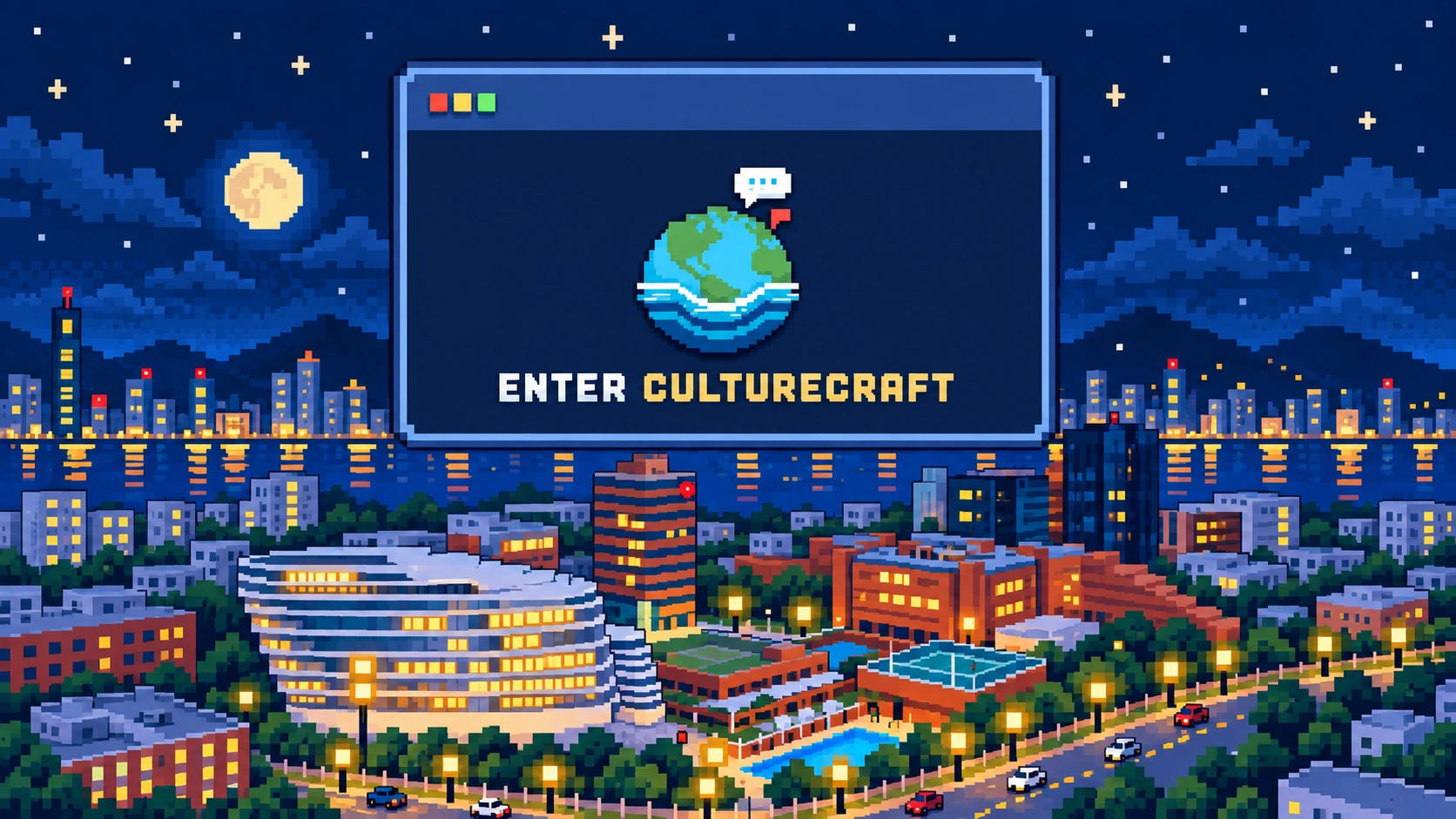 CultureCraft globe logo and Enter CultureCraft inside a pixel-art window above a moonlit campus.