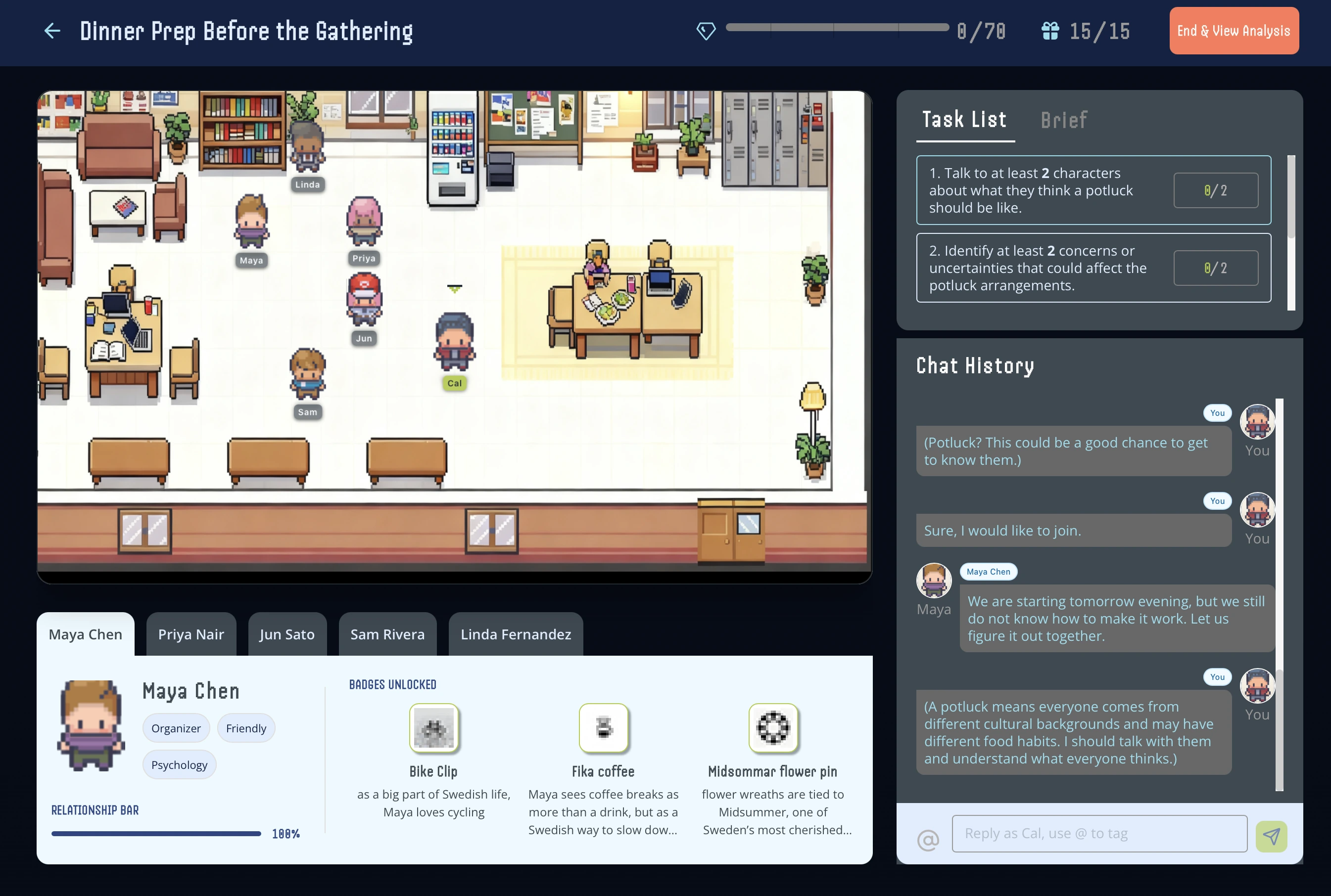 CultureCraft role-playing screen with AI characters in a shared room, a task list, chat history, and character badges.