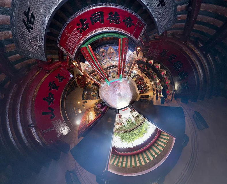 Man Mo Temple captured in a high-resolution 360 picture.
