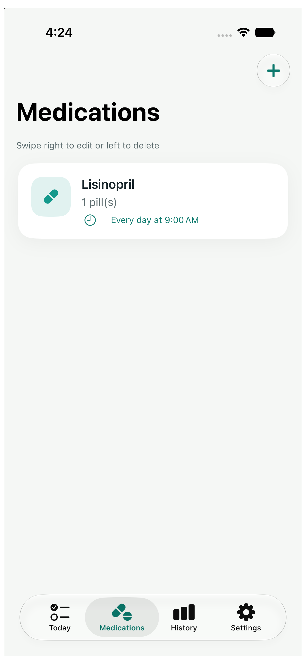 Medication list showing Lisinopril scheduled every day at 9 AM
