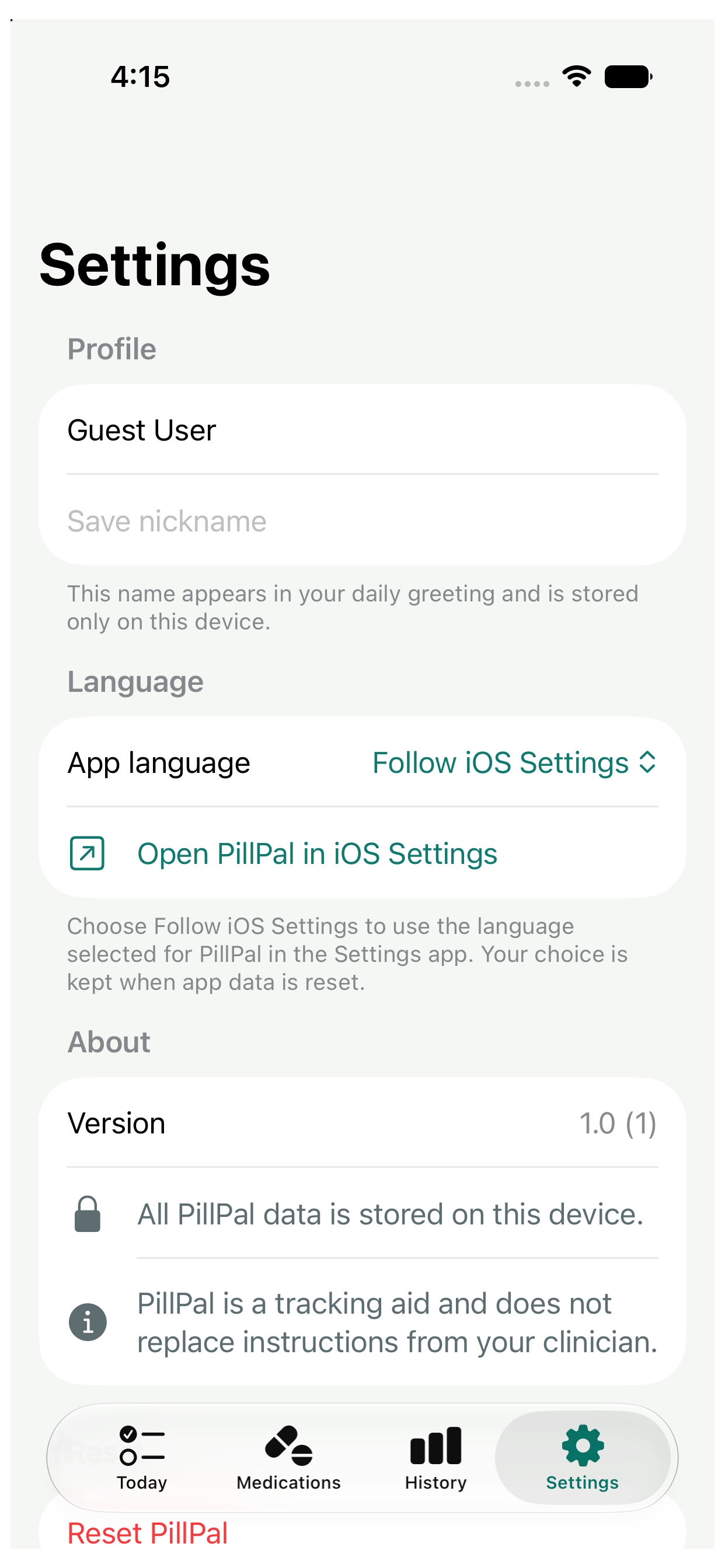 Settings screen explaining that PillPal data is stored on device