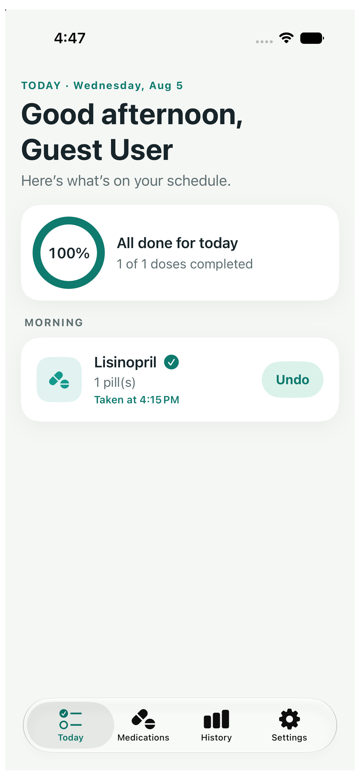 PillPal Today screen showing one of one scheduled doses completed